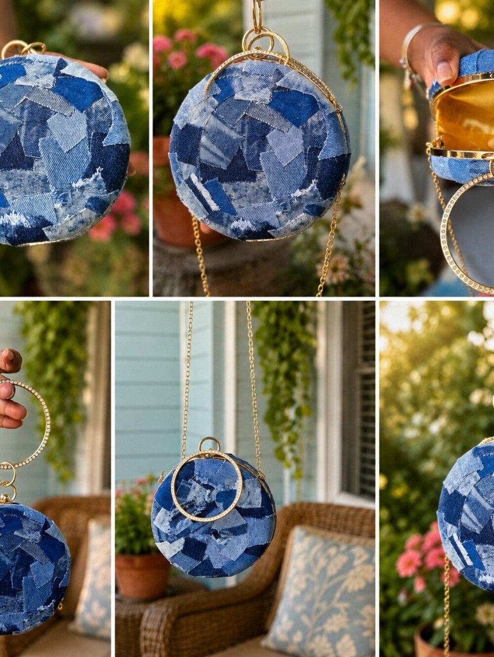 Upcycled Denim Patchwork Round Crossbody Bag - Blue